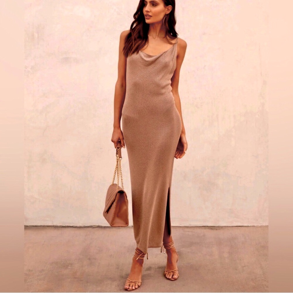 Vici shimmer taupe long dress Drape cowl neckline NEW SALE Re $69 *See matching - Picture 11 of 12